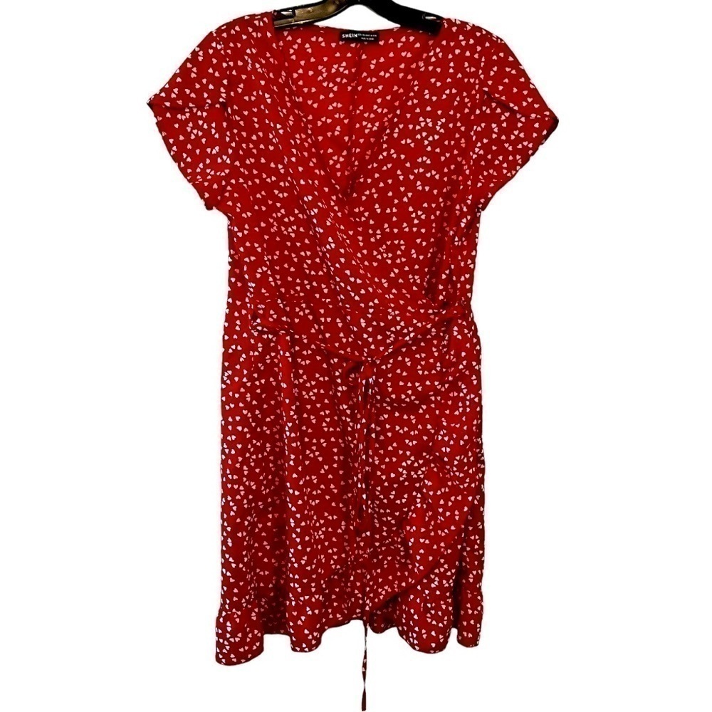 SHEIN Heart Print Red Wrap Dress Size Large